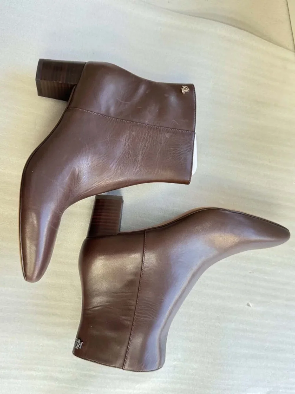 Lauren Ralph Lauren Demi Leather Block Heel Booties Brown Size 8.5 NWT
